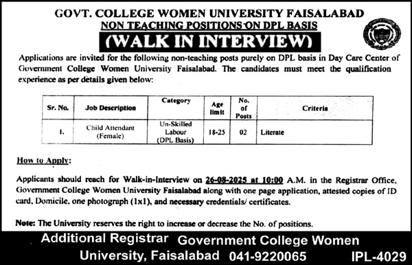 Jobs in Govt College Women University Faisalabad